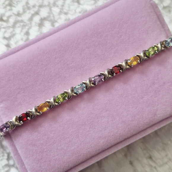 Vintage Sterling Silver XO Multi-Color Gemstone Tennis Bracelet - Picture 3 of 12
